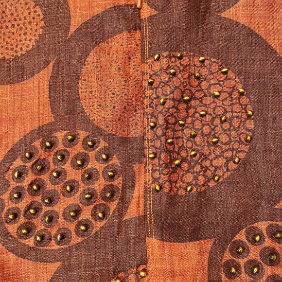 Vtg Boho Linen Skirt Rust Brown Circle Print & Beaded Details Earthy Tones Sz 4 - Picture 6 of 8